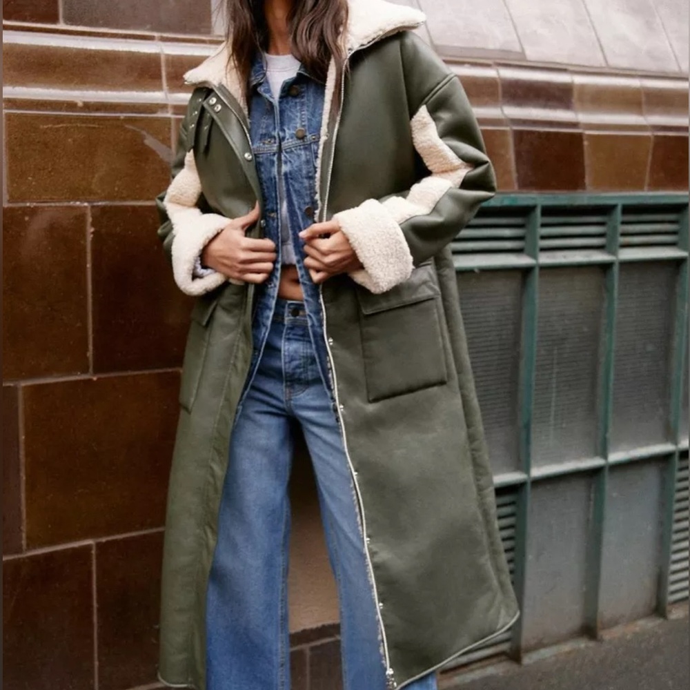 Olive and Cream Premium Funnel Neck Longline Aviator Jacket